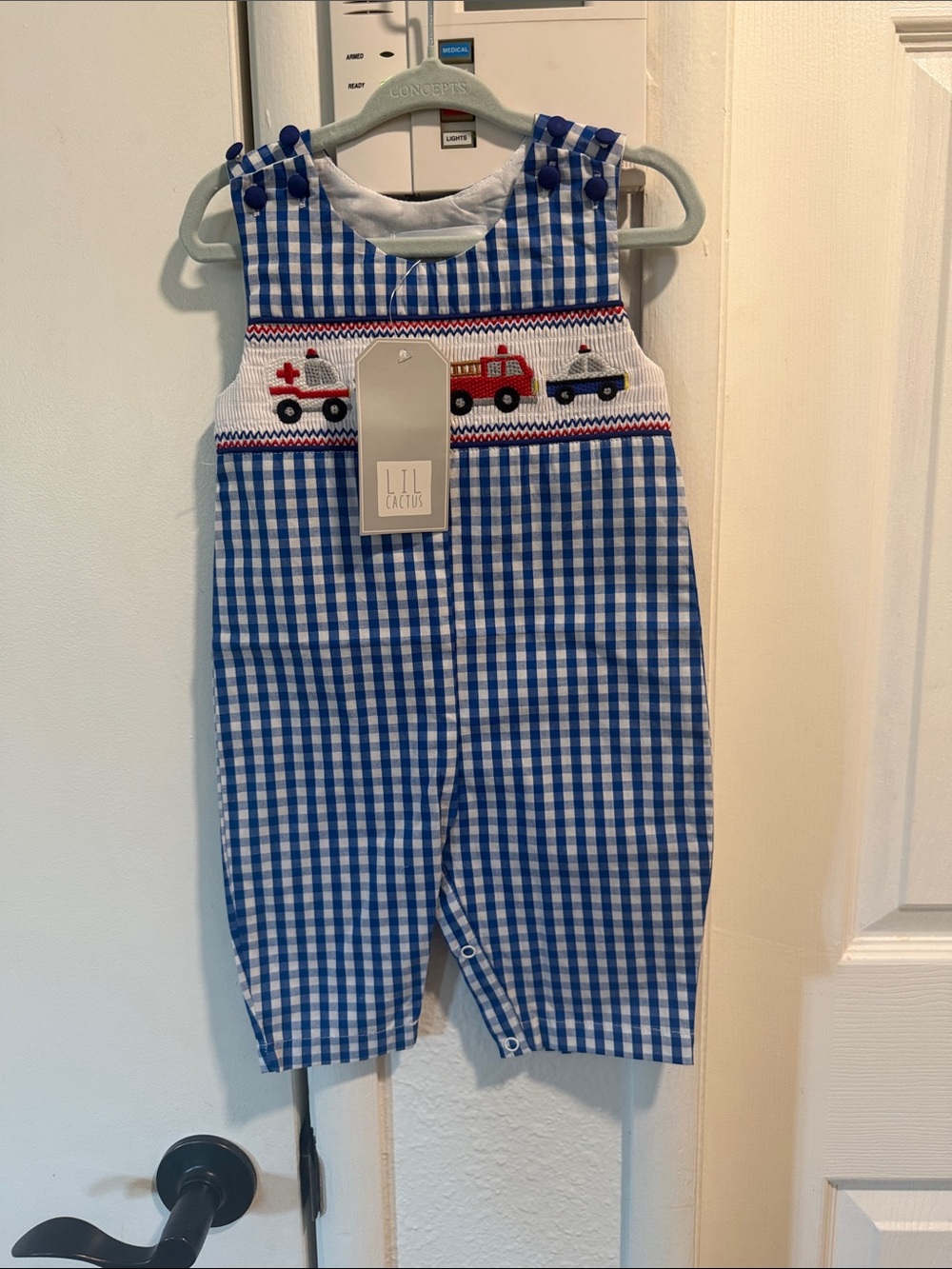 Lil Cactus Blue Gingham Smocked Rescue Vehicle Romper